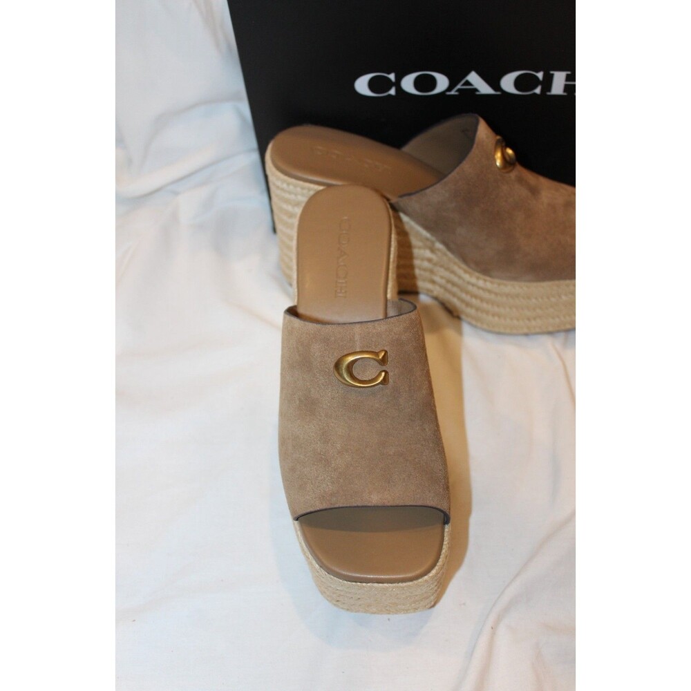 COACH Women Suede Espadrille Platform Wedge Slide Sandals Coconut Brown NEW SZ 8 - Picture 4 of 8